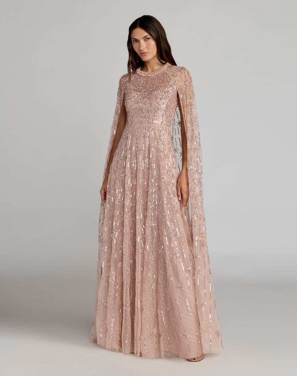 Rose Crew Neck Floor-Length Sequin Evening Gown with Cape Sleeves Mac Duggal 8415
