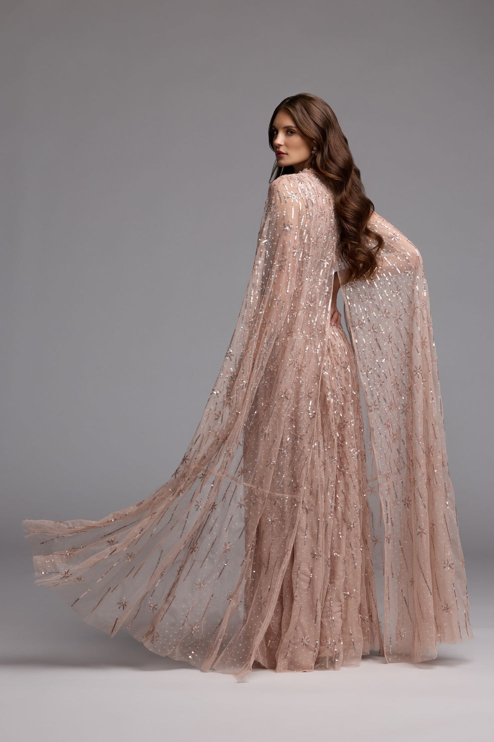 Rose Crew Neck Floor-Length Sequin Evening Gown with Cape Sleeves Mac Duggal 8415