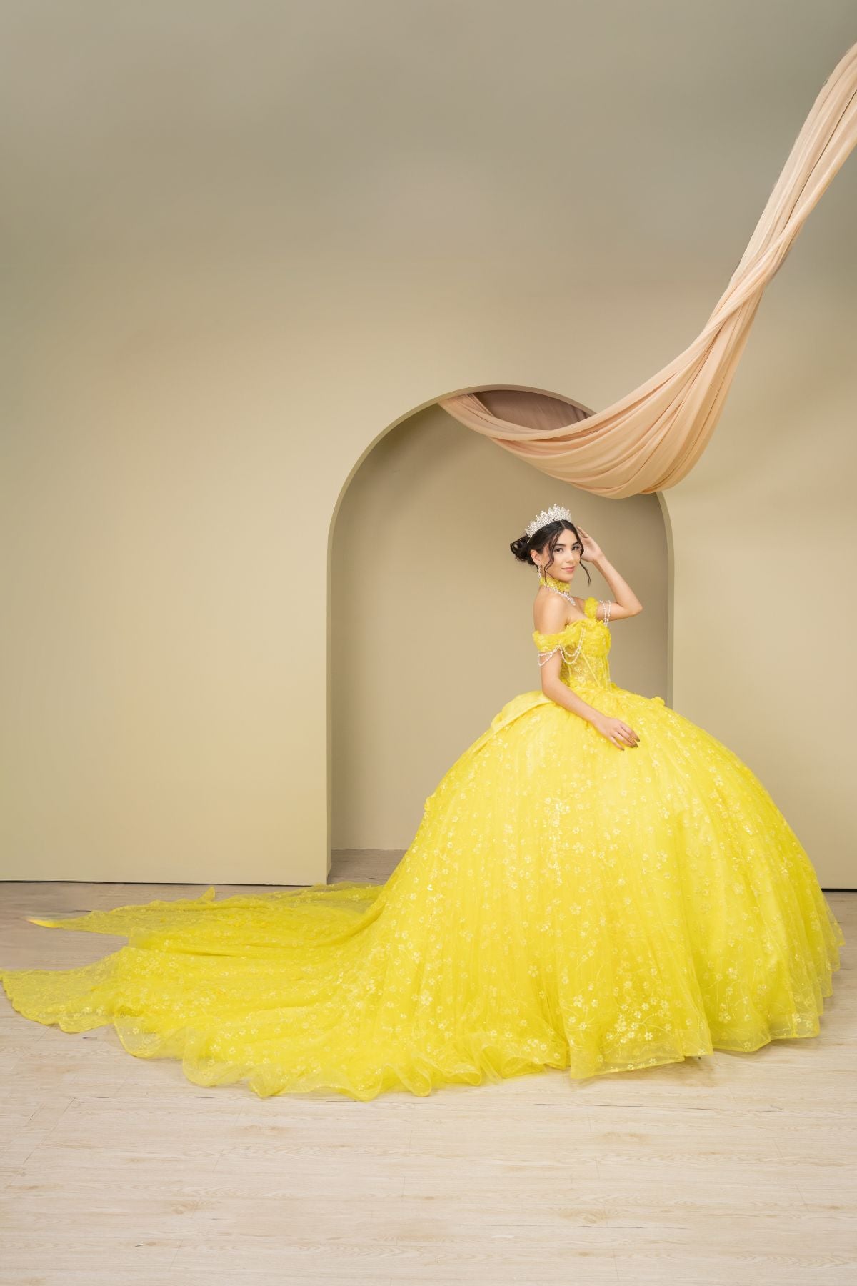 Quinceniera Dresses Ball Gown Long 3D Floral Applique Glitter Quinceanera Dress Cinderella Couture 8415JQ Yellow