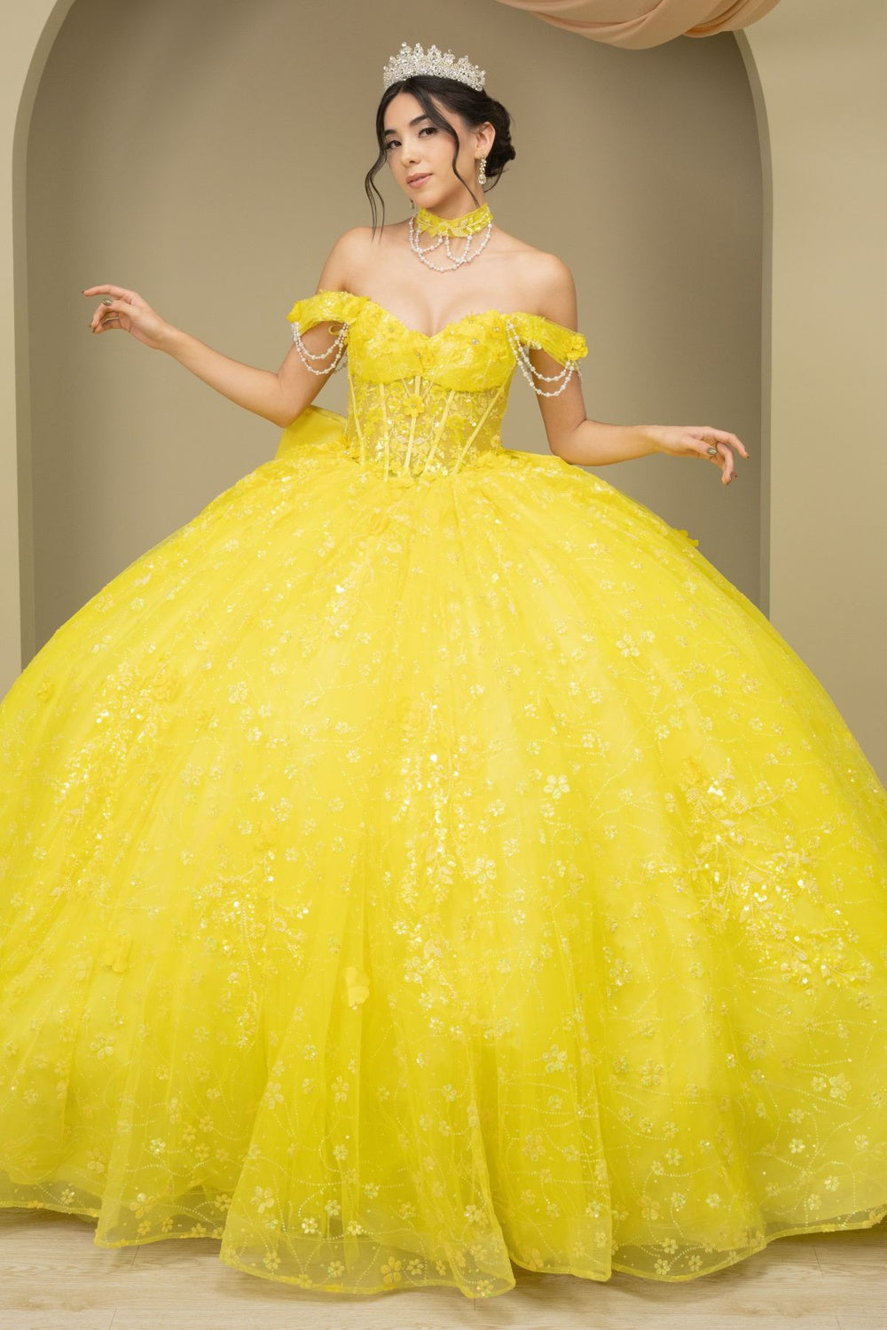 Quinceniera Dresses Ball Gown Long 3D Floral Applique Glitter Quinceanera Dress Cinderella Couture 8415JQ Yellow