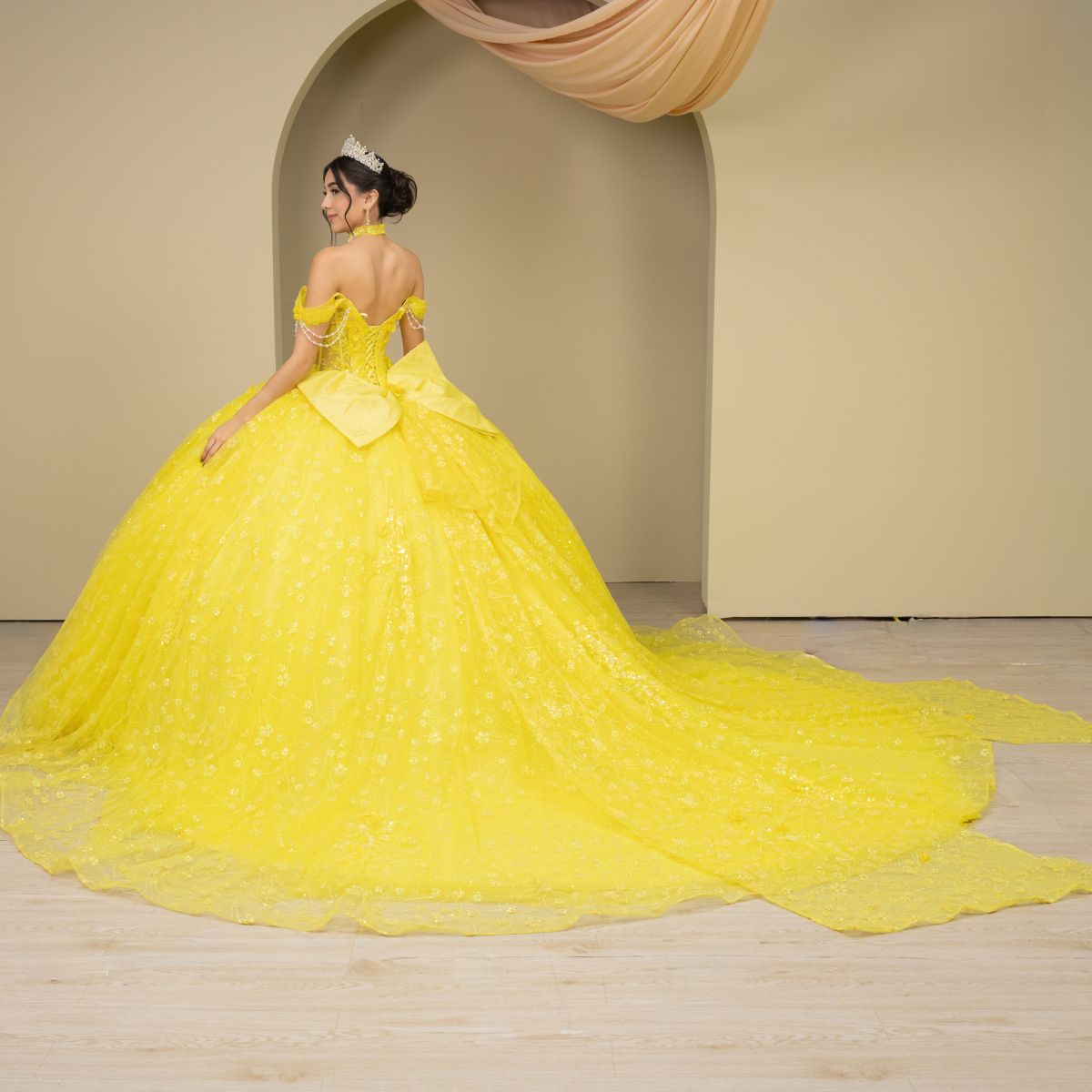 Quinceniera Dresses Ball Gown Long 3D Floral Applique Glitter Quinceanera Dress Cinderella Couture 8415JQ Yellow