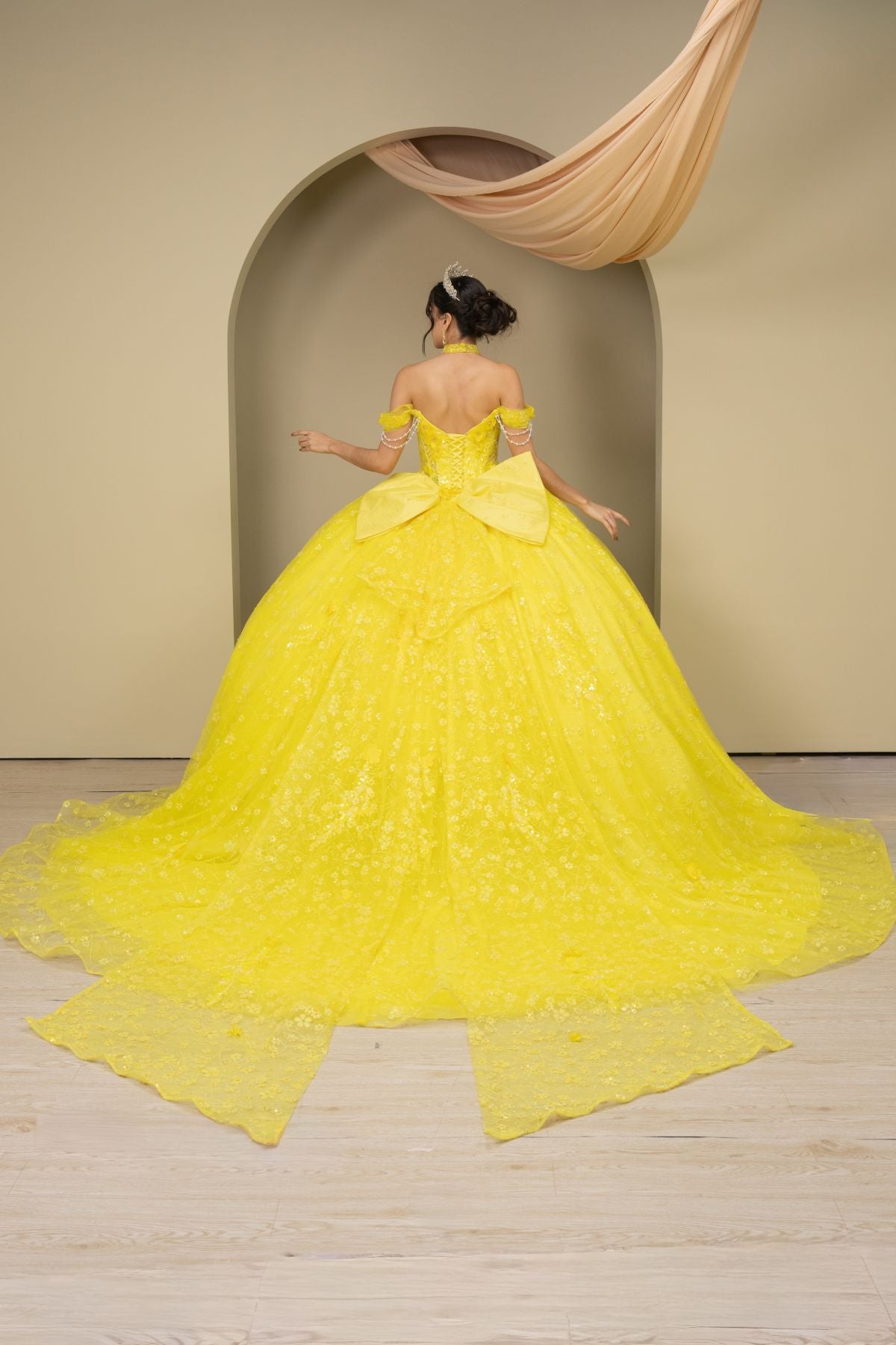 Quinceniera Dresses Ball Gown Long 3D Floral Applique Glitter Quinceanera Dress Cinderella Couture 8415JQ Yellow