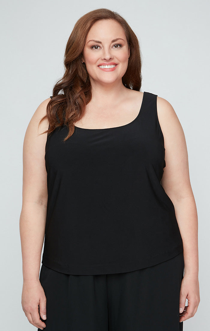 Black Silver Scoop-Neck Waist-Length Embroidered Lace Chiffon Evening Twinset with 3/4 Sleeves Plus Size Top Alex Evenings 84171649