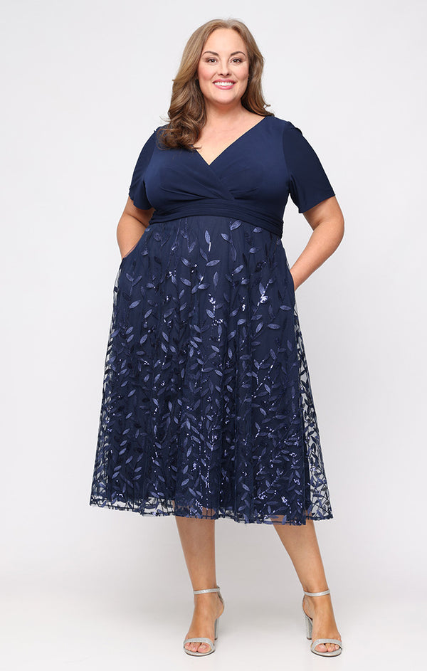 Navy V-Neck Midi Sequin Mesh Plus Size A-Line Party Dress Alex Evenings 84171945