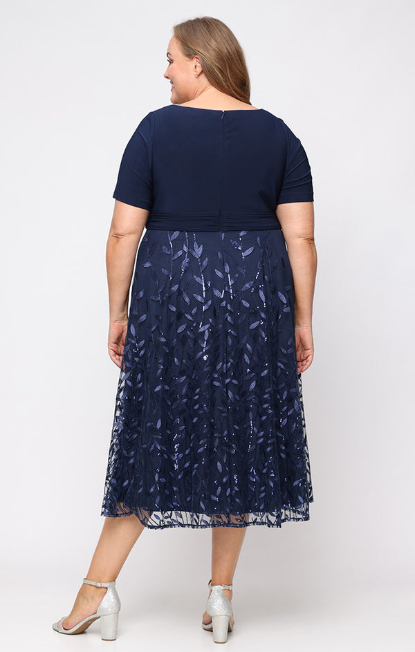 Navy V-Neck Midi Sequin Mesh Plus Size A-Line Party Dress Alex Evenings 84171945