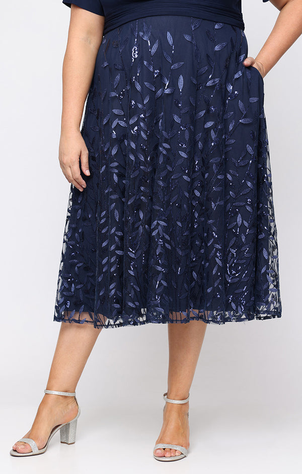 Navy V-Neck Midi Sequin Mesh Plus Size A-Line Party Dress Alex Evenings 84171945
