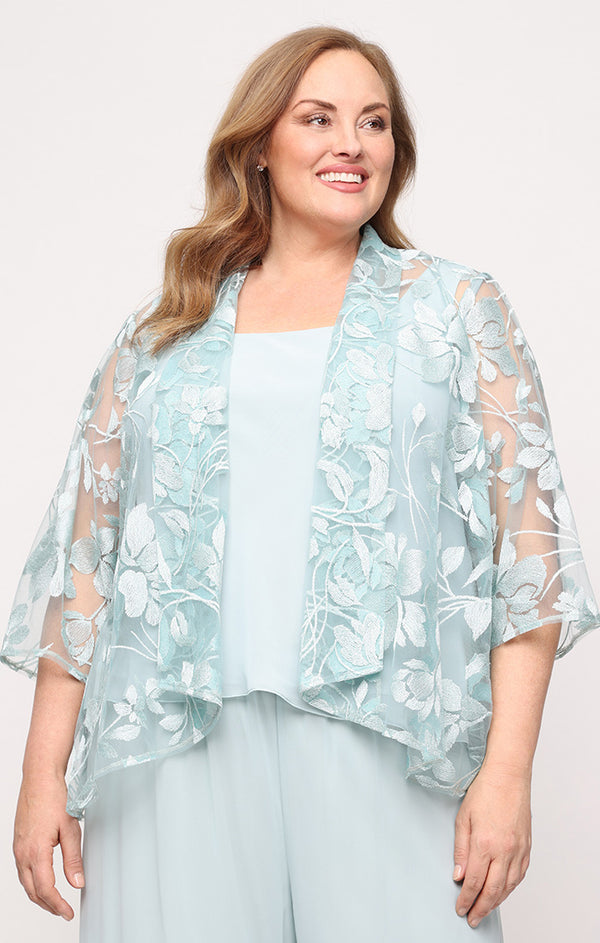Fresh Mint Scoop Neck Hip-Length Embroidered Floral Plus Size Formal Top Twinset Alex Evenings 84171963