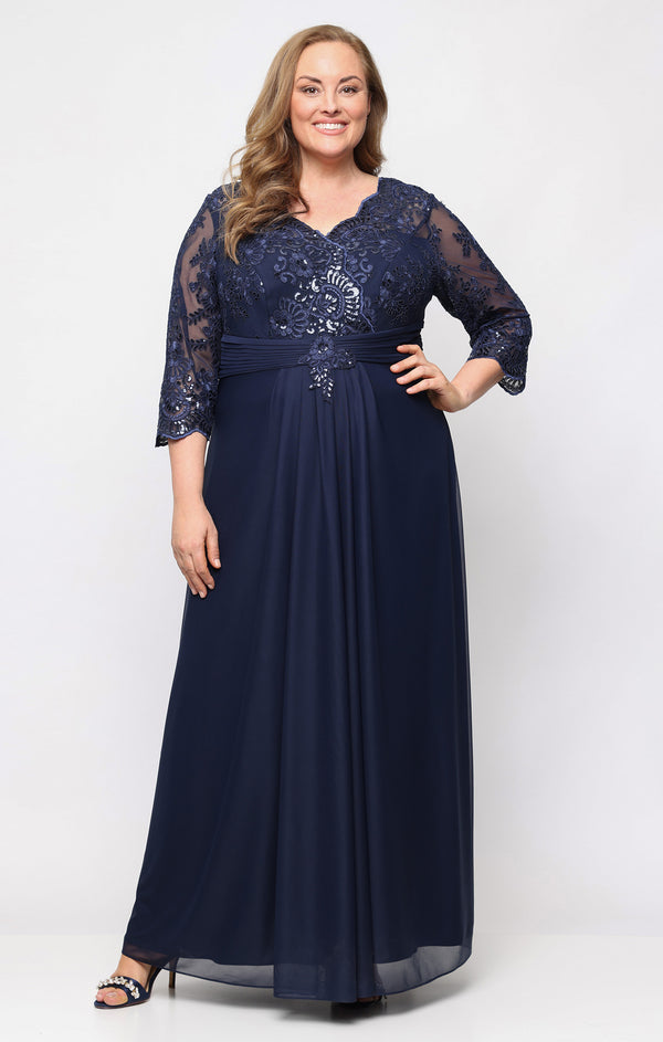 Navy V-Neck Floor-Length Chiffon Evening Sequin Dress Alex Evenings 84171993
