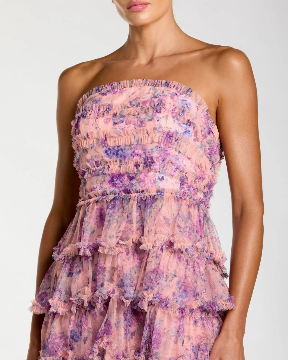 Strapless Midi Tulle Cocktail Dress by Mac Duggal 8420 in Orchid Multi