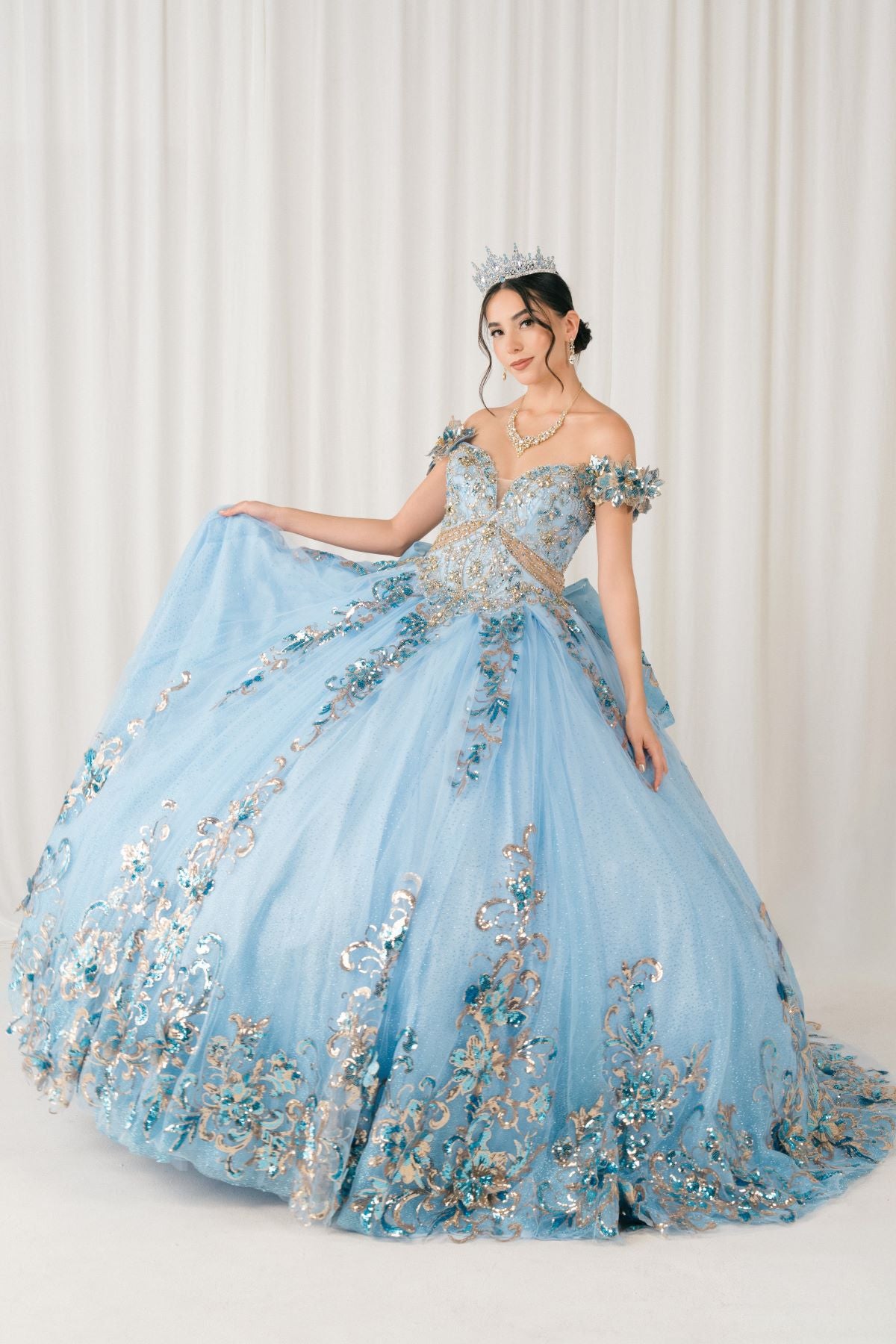 Quinceniera Dresses Long Floral Applique Ball Gown Quinceanera Dress Cinderella Couture 8420JQ Blue