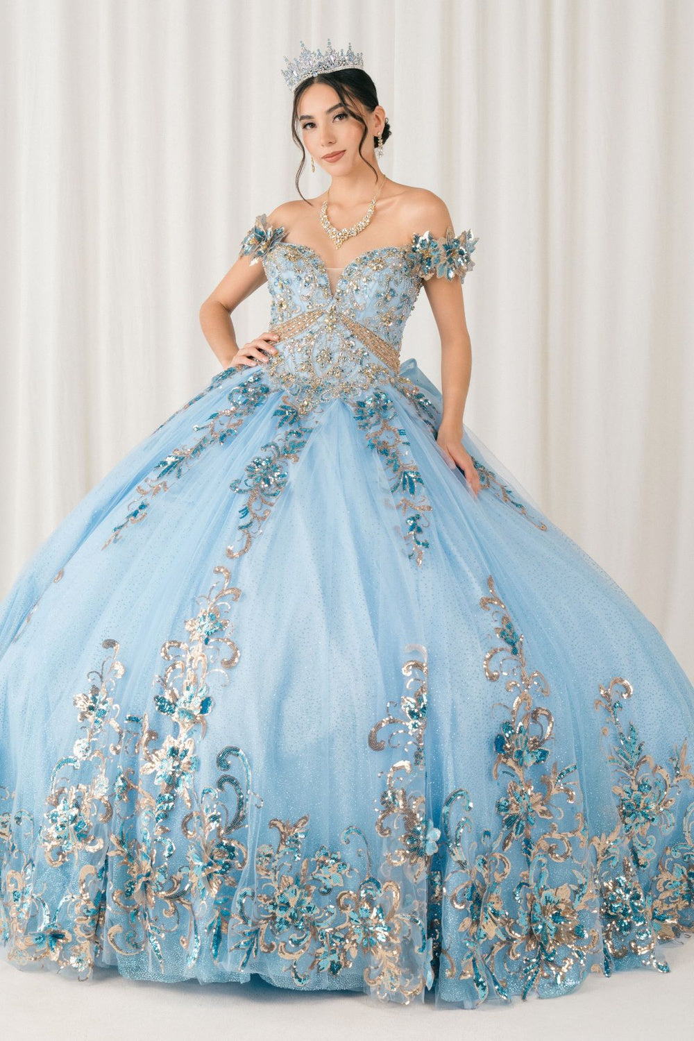 Quinceniera Dresses Long Floral Applique Ball Gown Quinceanera Dress Cinderella Couture 8420JQ Blue