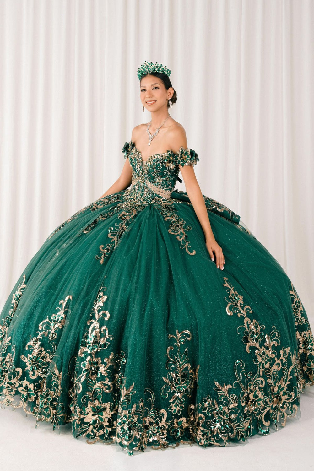 Quinceniera Dresses Long Floral Applique Ball Gown Quinceanera Dress Cinderella Couture 8420JQ Hunter Green