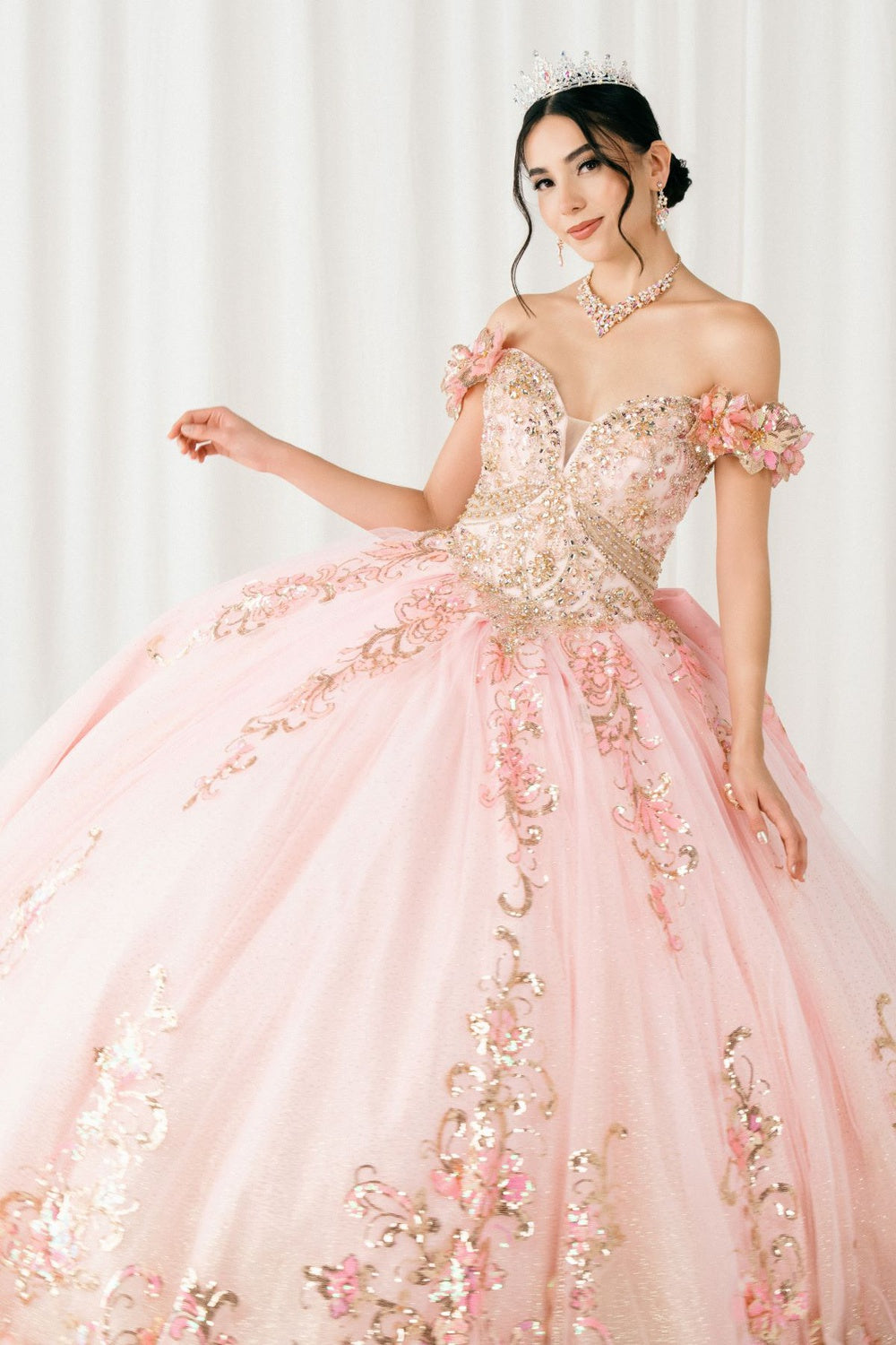 Quinceniera Dresses Long Floral Applique Ball Gown Quinceanera Dress Cinderella Couture 8420JQ Pink