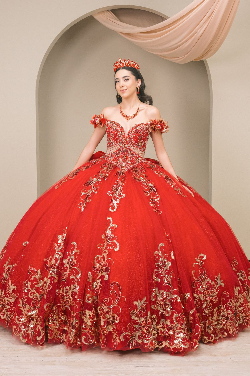 Quinceniera Dresses Long Floral Applique Ball Gown Quinceanera Dress Cinderella Couture 8420JQ Red
