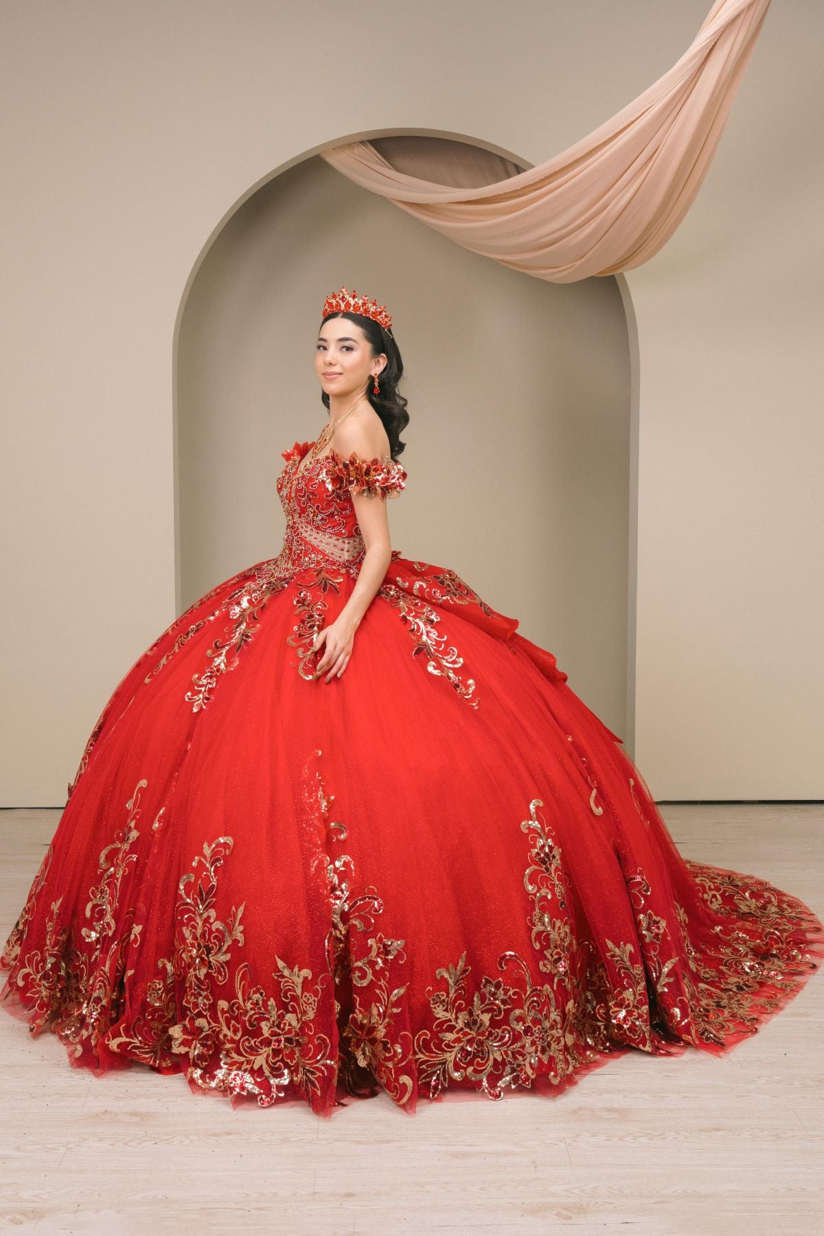 Quinceniera Dresses Long Floral Applique Ball Gown Quinceanera Dress Cinderella Couture 8420JQ Red