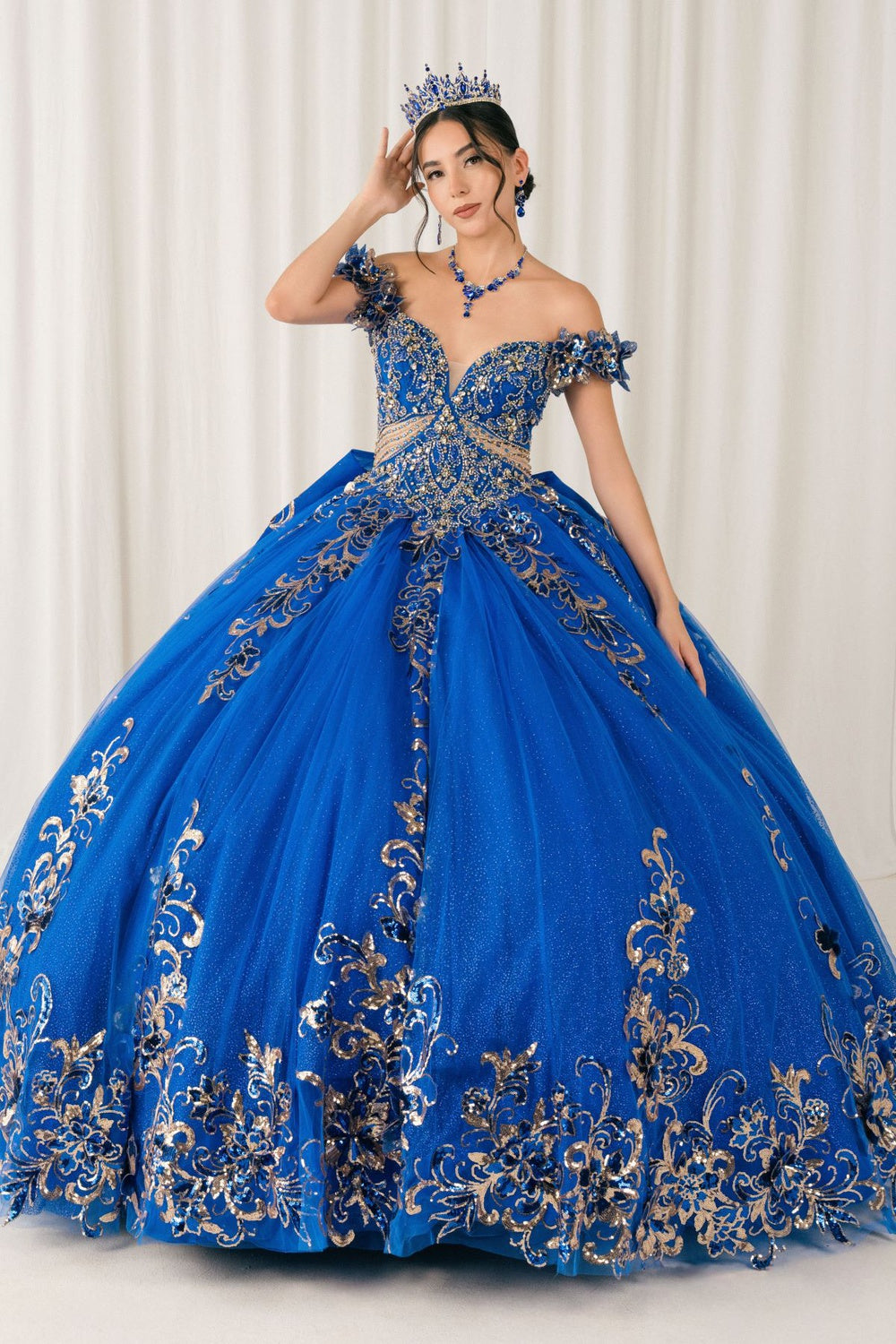 Quinceniera Dresses Long Floral Applique Ball Gown Quinceanera Dress Cinderella Couture 8420JQ Royal