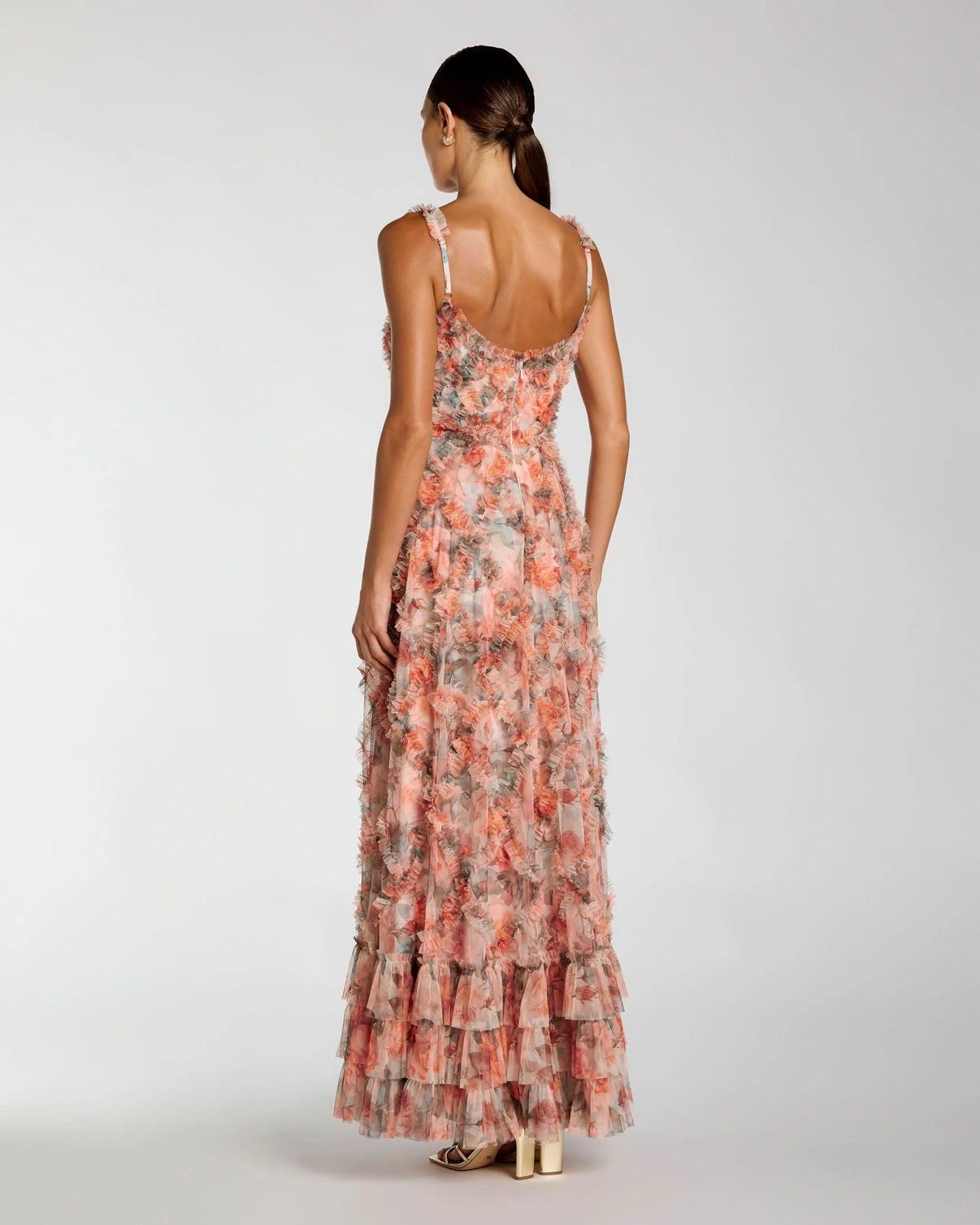 Square Neck Long Floral Tulle Formal Dress by Mac Duggal 8424 in Cream Multi
