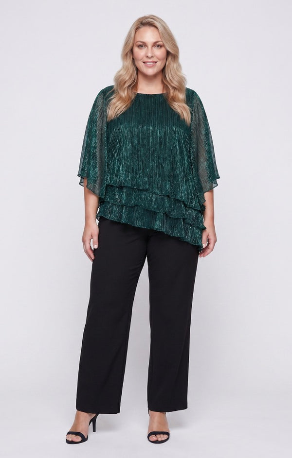 Black/Green Scoop Neck Hip Length Metallic Formal Top Ruffle Alex Evenings 8427817