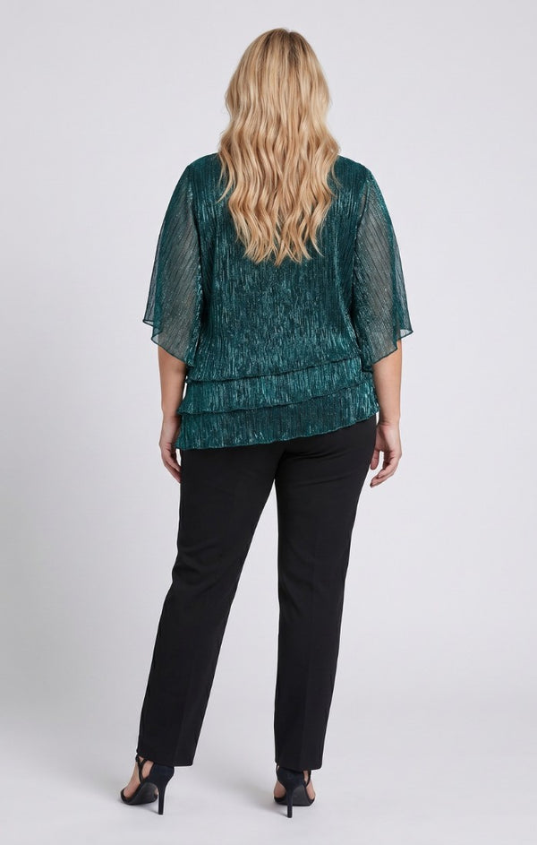 Black/Green Scoop Neck Hip Length Metallic Formal Top Ruffle Alex Evenings 8427817