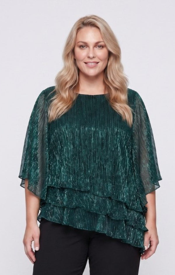 Black/Green Scoop Neck Hip Length Metallic Formal Top Ruffle Alex Evenings 8427817