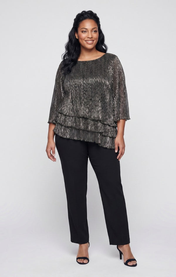 Gunmetal Scoop Neck Hip Length Metallic Formal Top Ruffle Alex Evenings 8427817