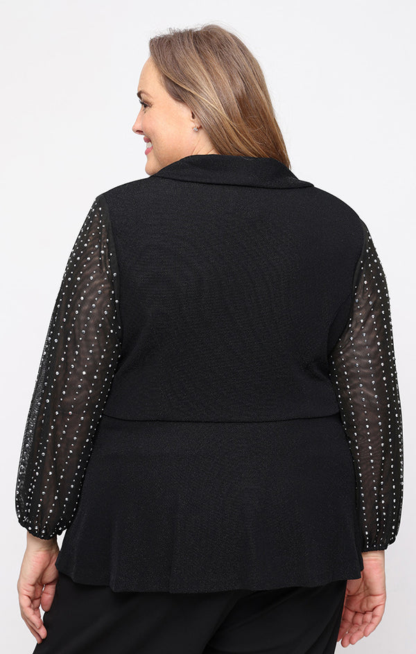 Black Silver Shawl Collar Peplum Knit Evening Top with Rhinestone Mesh Sleeves Alex Evenings 8427882