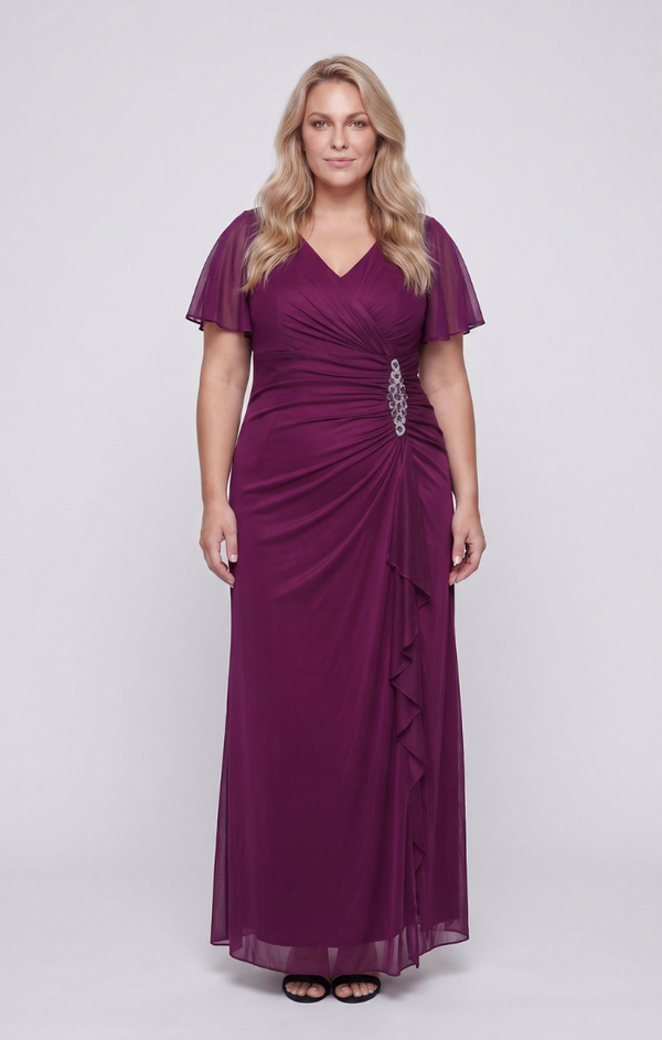 Dark Fuschia V-Neck Floor-Length Mesh Formal Dress Flutter Sleeve Alex Evenings 84321004