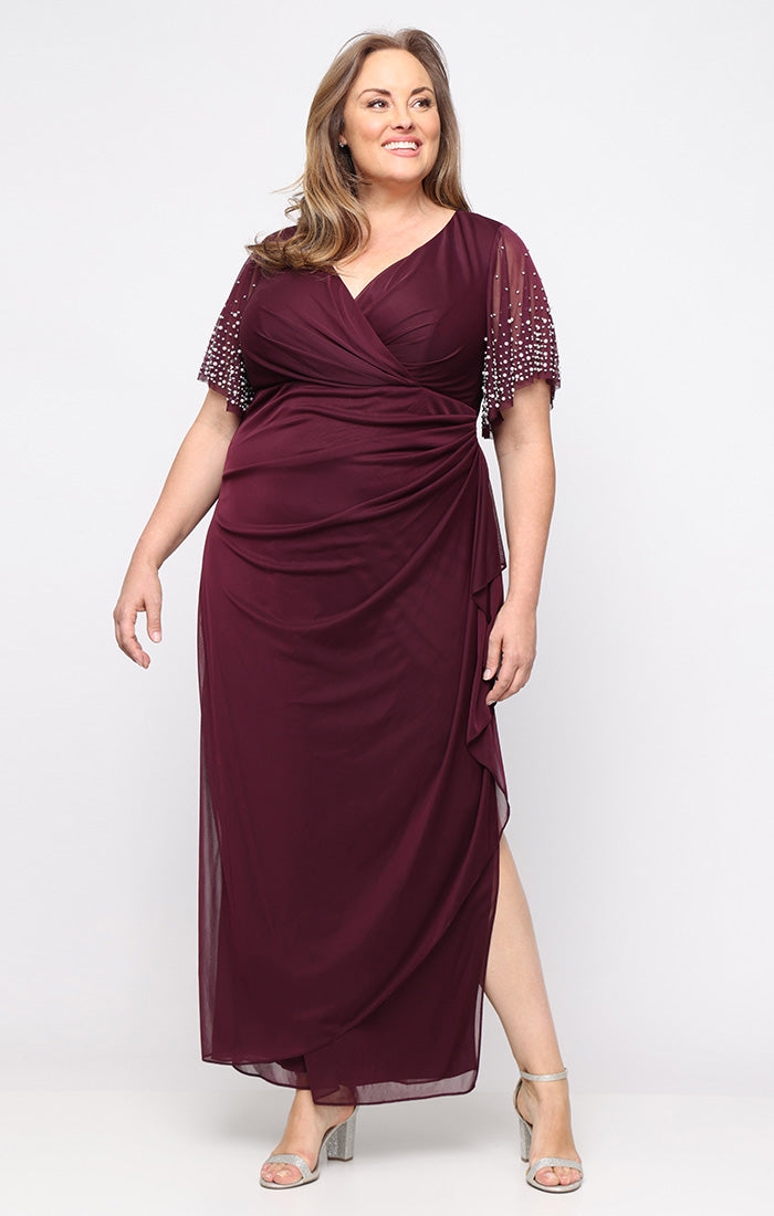 Fig V-Neck Floor-Length Chiffon Mother of the Bride Dress with Beaded Sleeves Alex Evenings 84321016
