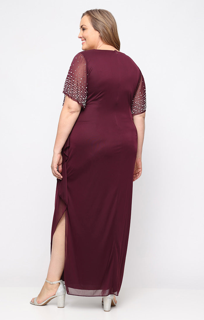 Fig V-Neck Floor-Length Chiffon Mother of the Bride Dress with Beaded Sleeves Alex Evenings 84321016