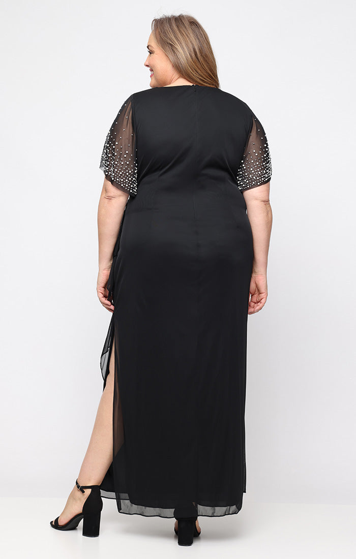 Black V-Neck Floor-Length Chiffon Mother of the Bride Dress with Beaded Sleeves Alex Evenings 84321016