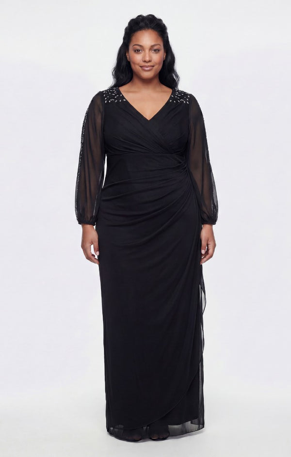 Black Alex Evenings 84321054 V-Neck Floor-Length Mesh Evening Dress Rhinestone