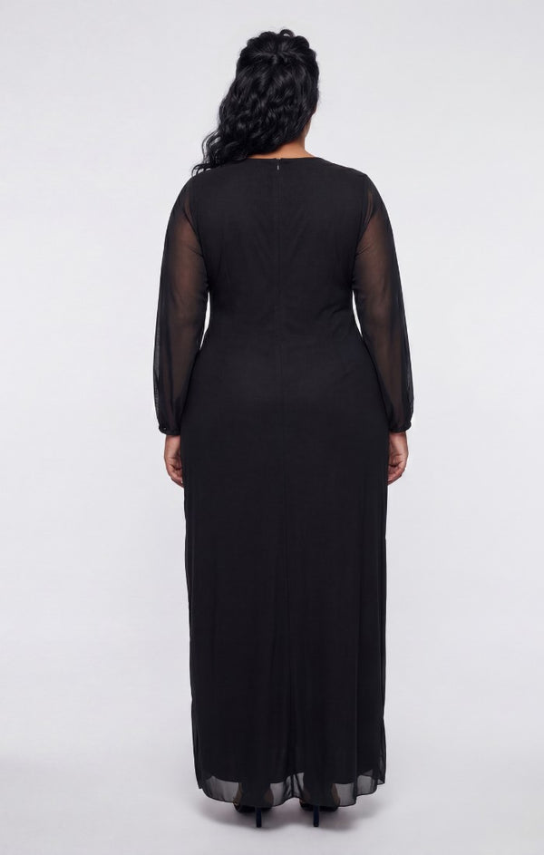 Black Alex Evenings 84321054 V-Neck Floor-Length Mesh Evening Dress Rhinestone
