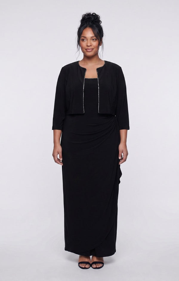 Black Alex Evenings 84351695 Square Neck Floor-Length Jersey Evening Jacket Dress