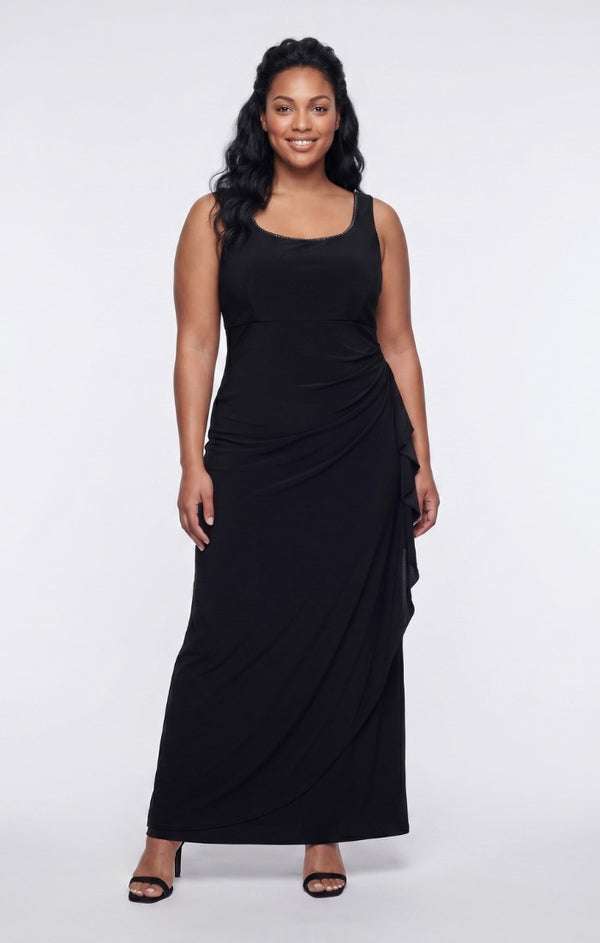 Black Alex Evenings 84351695 Square Neck Floor-Length Jersey Evening Jacket Dress