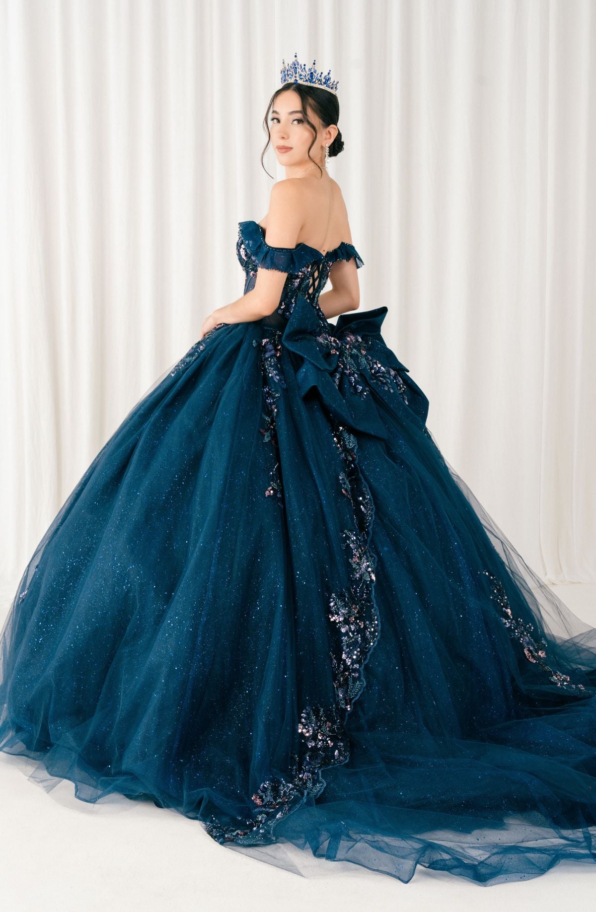 Quinceniera Dresses Long Floral Ball Gown Quinceanera Dress Cinderella Couture 8440JQ Navy