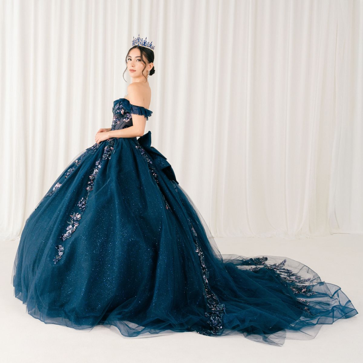 Quinceniera Dresses Long Floral Ball Gown Quinceanera Dress Cinderella Couture 8440JQ Navy