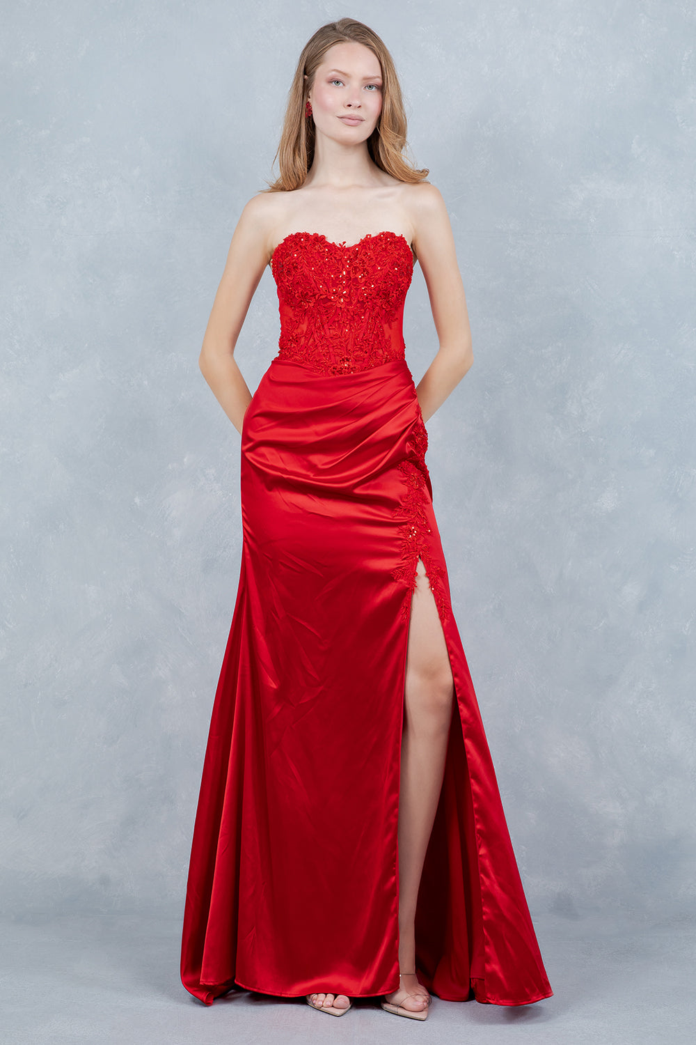 Prom Dresses Formal Long Lace Corset Fitted Prom Dress Cinderella Couture 8453J Red