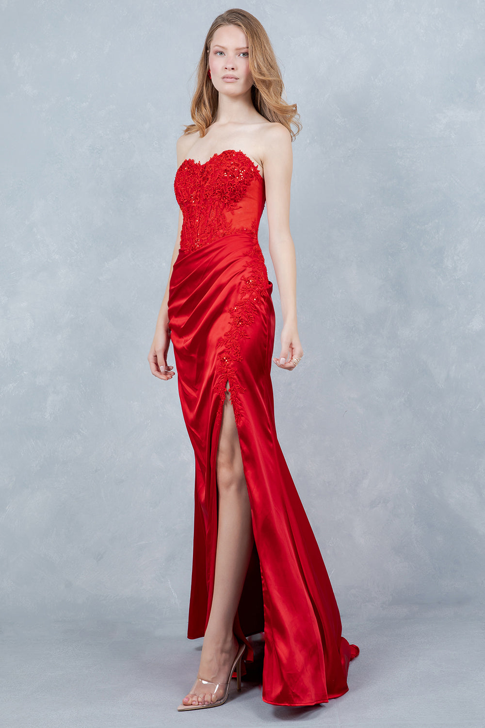 Prom Dresses Formal Long Lace Corset Fitted Prom Dress Cinderella Couture 8453J Red