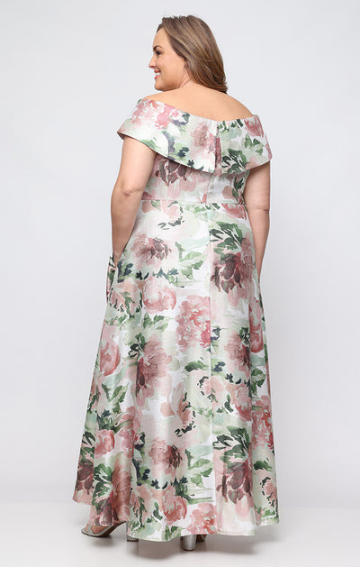 Blush Multi Portrait-Neck Floor-Length Floral Jacquard Formal A-Line Gown with Cap Sleeves Plus Size Alex Evenings 8455319