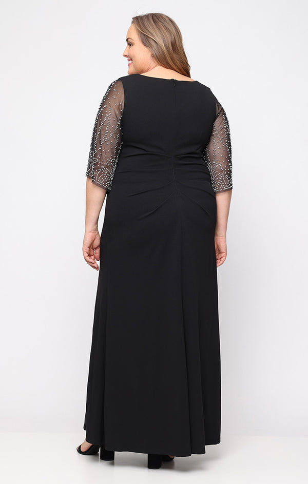 Black Square Neck Floor-Length Evening Gown with Beaded Flutter Sleeves Alex Evenings 8460526