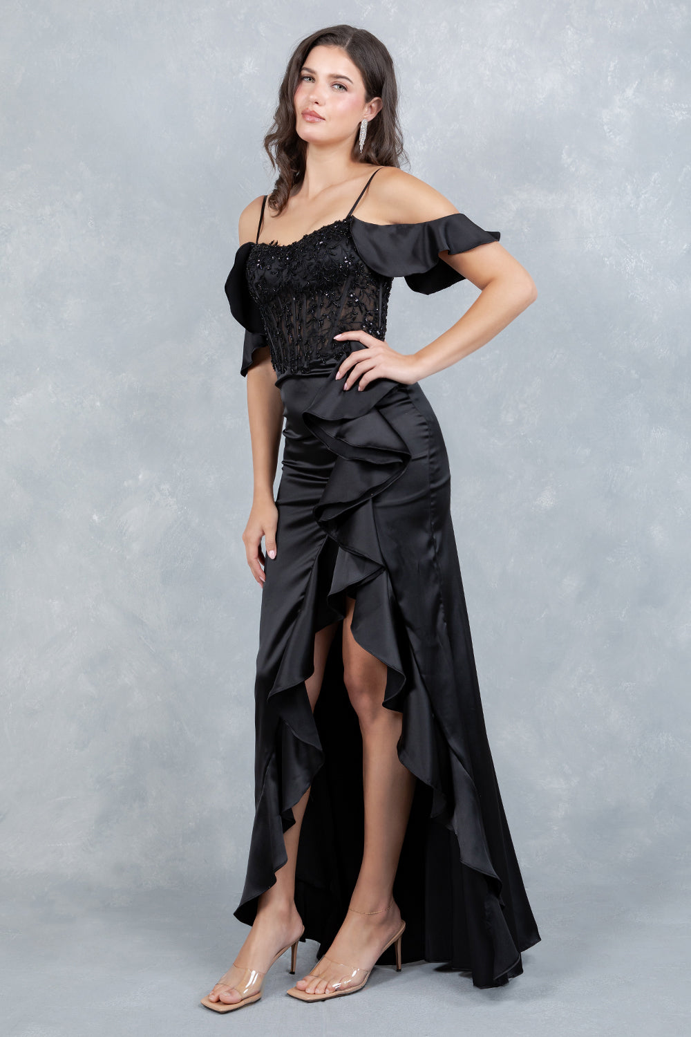 Prom Dresses Long Formal Floral Lace Ruffle Prom Dress Cinderella Couture 8461J Black