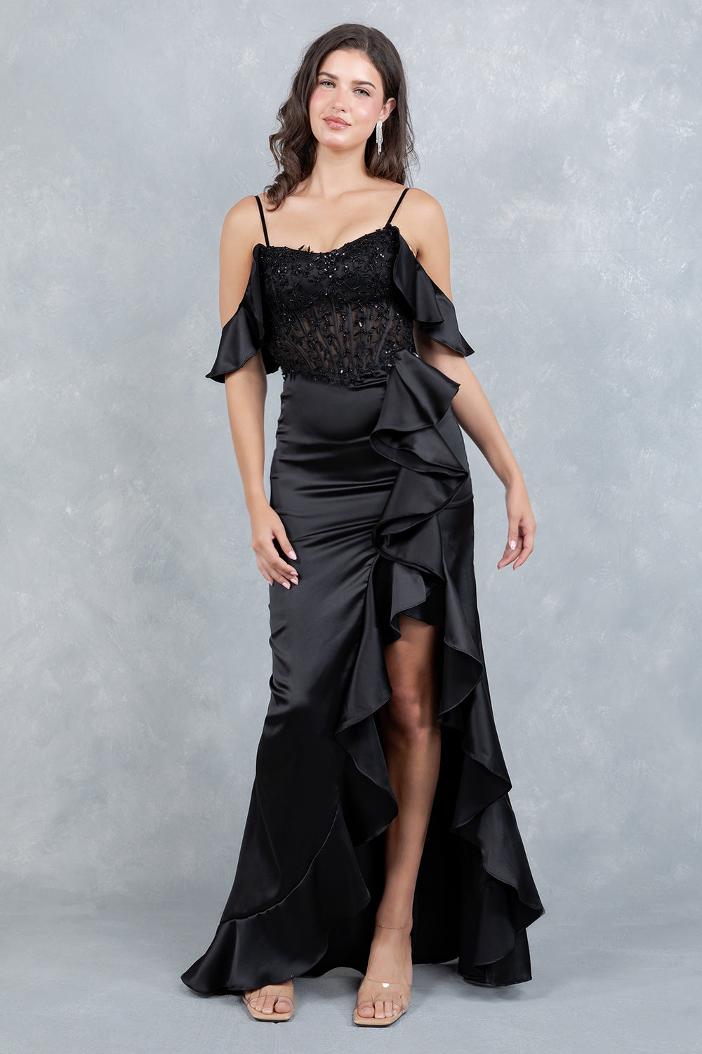 Prom Dresses Long Formal Floral Lace Ruffle Prom Dress Cinderella Couture 8461J Black