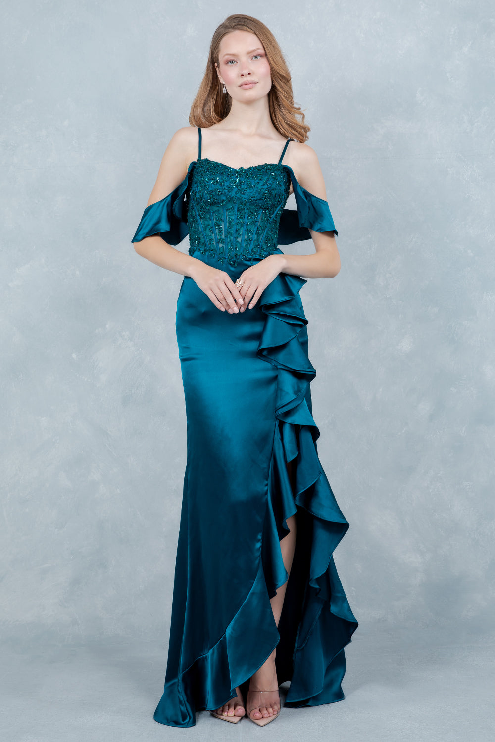 Prom Dresses Long Formal Floral Lace Ruffle Prom Dress Cinderella Couture 8461J Teal