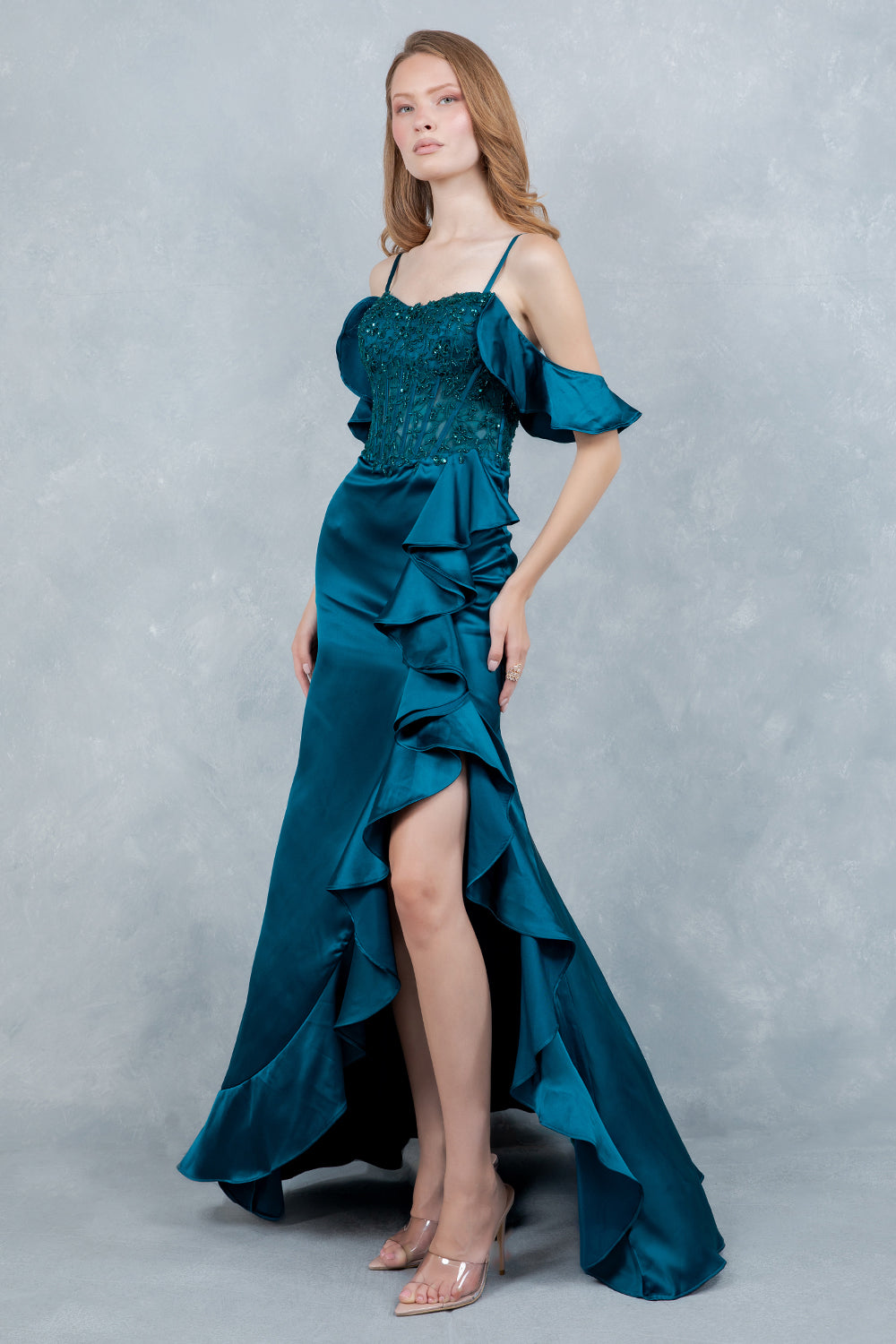 Prom Dresses Long Formal Floral Lace Ruffle Prom Dress Cinderella Couture 8461J Teal
