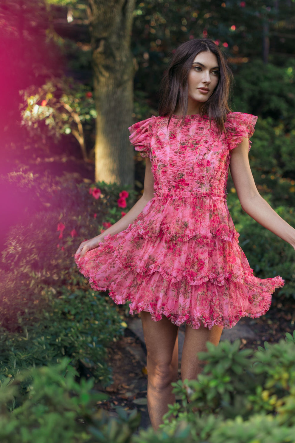 Cocktail Dresses Floral Short Ruffle Mini Cocktail Dress Mac Duggal 8473 Pink Multi
