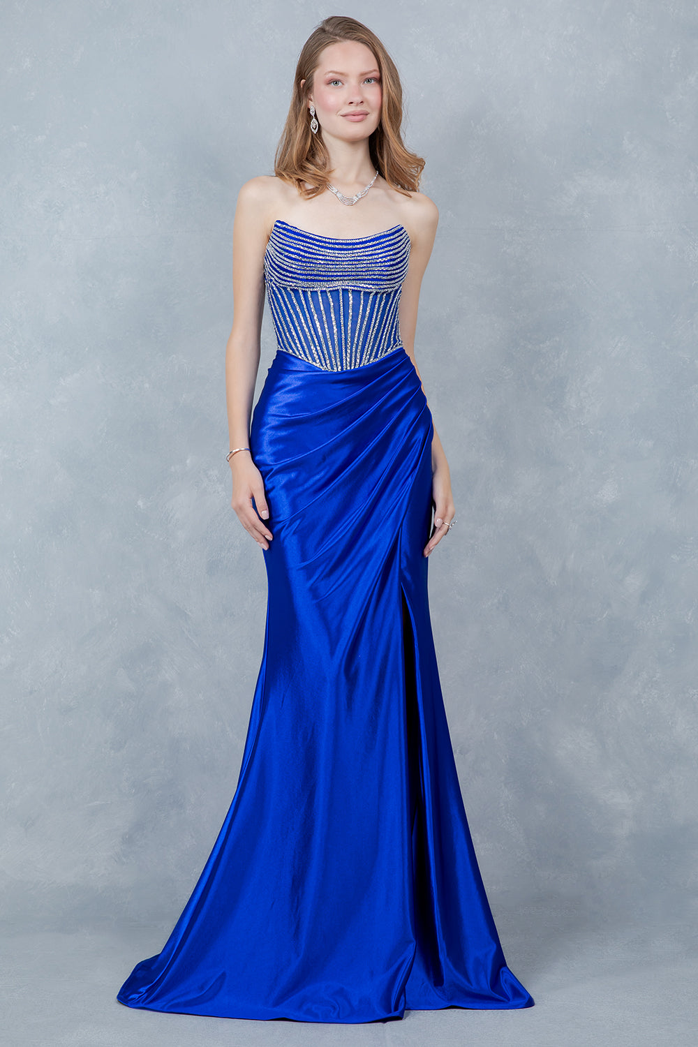 Prom Dresses Long Formal Lace Applique Pleated Prom Dress Cinderella Couture 8473J Royal/Silver