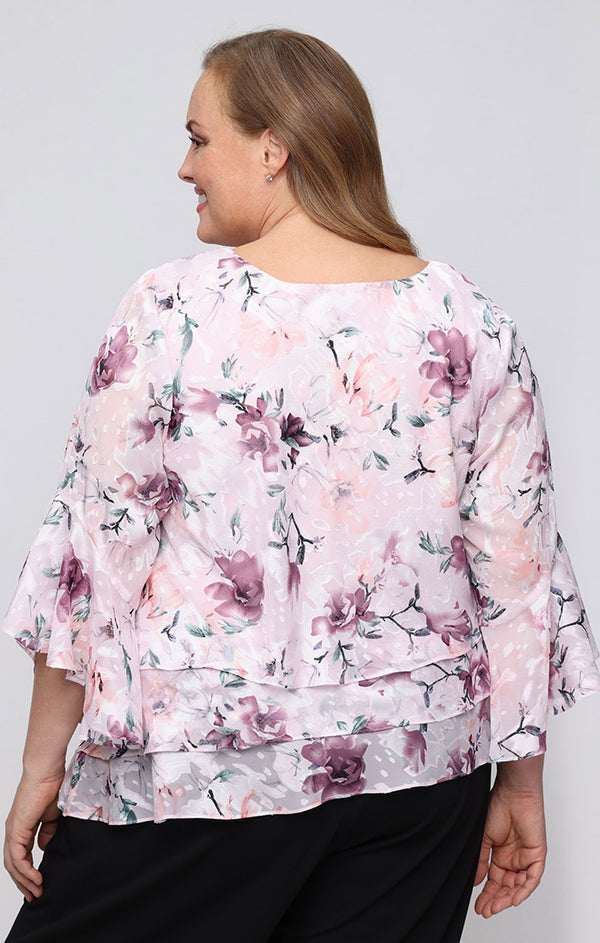 Blush Multi Scoop Neck Hip-Length Chiffon Floral Formal Top Bell Sleeve Blouse Alex Evenings 84751014