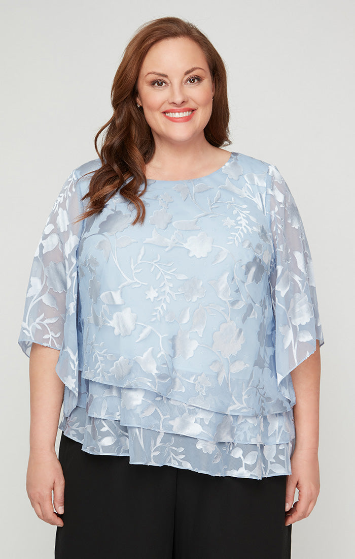 Hydrangea Scoop-Neck Full-Length Floral Chiffon Evening Top with Layered Tier Hem Plus Size Alex Evenings 8475812