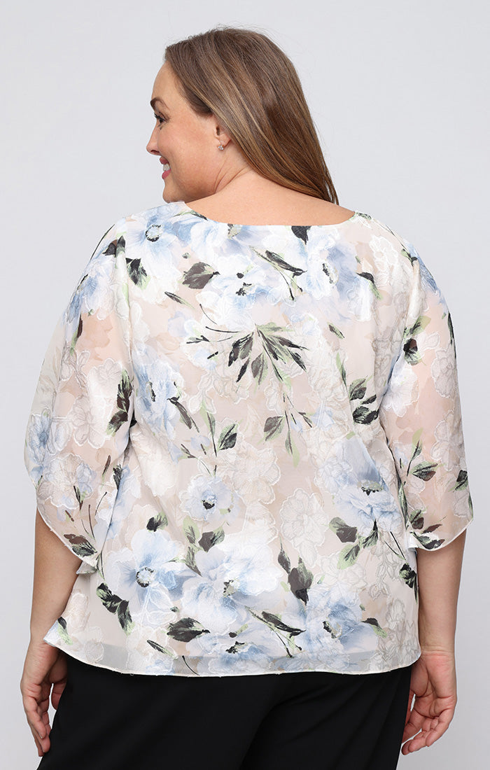 Taupe Multi High-Neck Hip Length Layered Floral Chiffon Formal Top with Asymmetrical Overlay Plus Size Alex Evenings 8475987