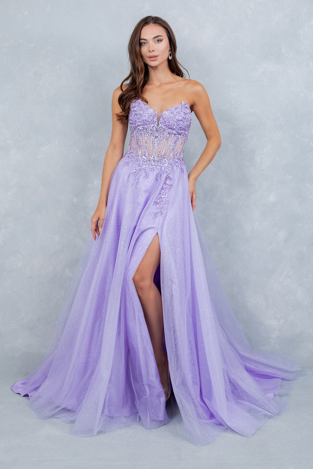 Prom Dresses Long Floral Lace Corset A Line Formal Glitter Slit Prom Dress Cinderella Couture 8476J Lilac